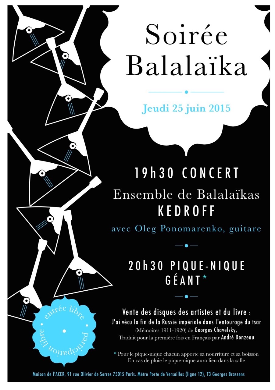 Affiche. Soirée balalaïka. Concert ensemble de balalaïkas Kedroff avec Oleg Ponomarenko, guitare. 2015-06-25